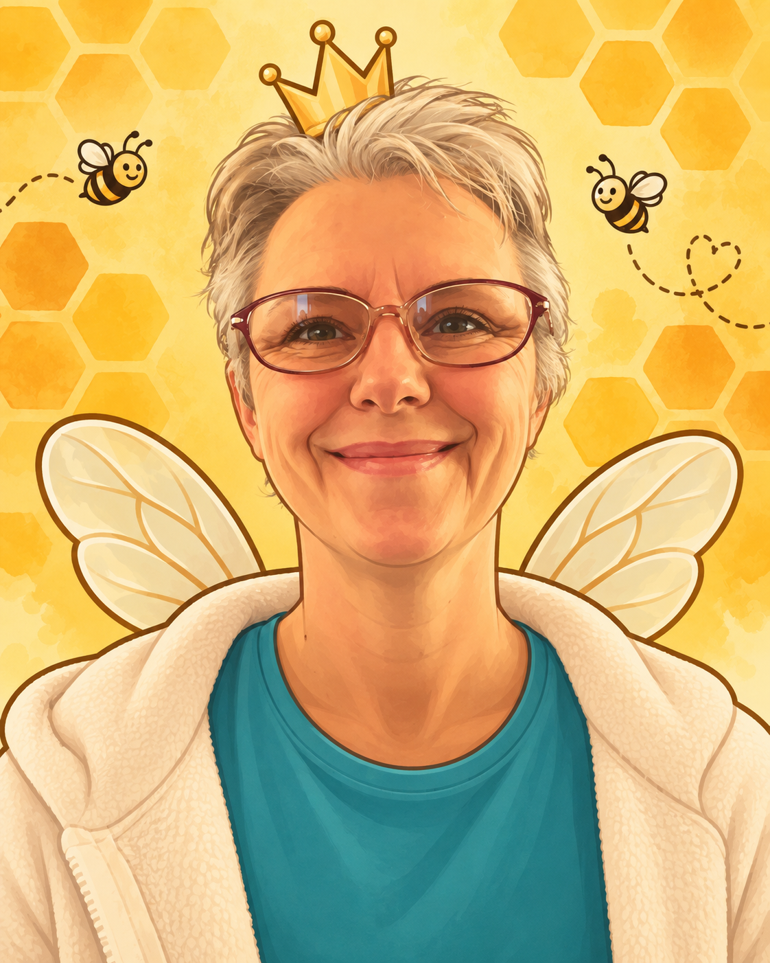 Irene in an illustrated bee-themed portrait