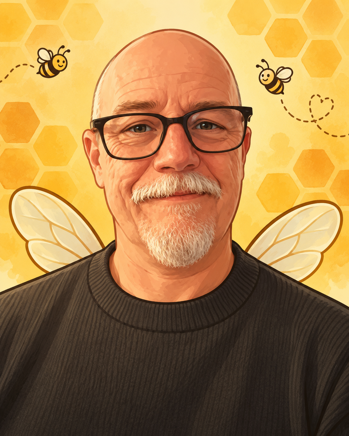 Mike in an illustrated bee-themed portrait
